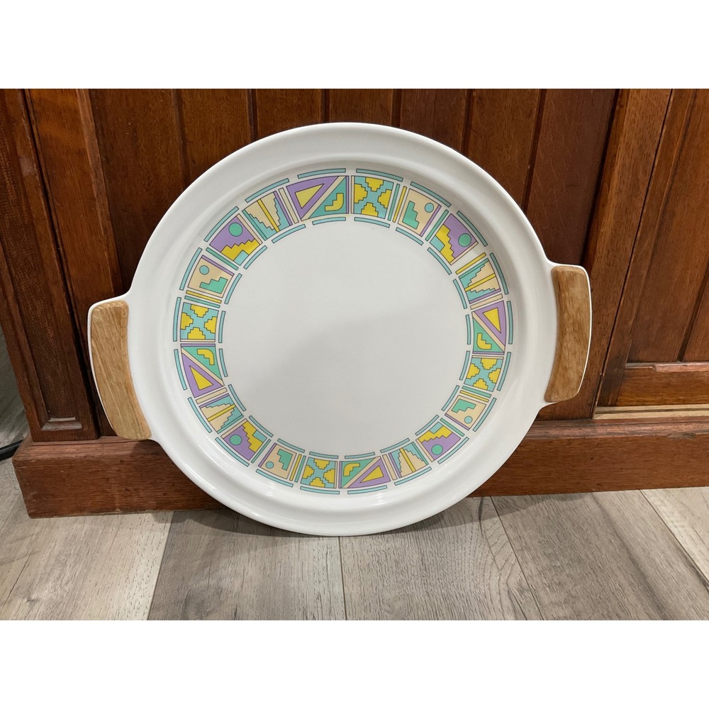 Oneida Serving Tray Round Southwestern Geometric Pastel Wood Handles vintage